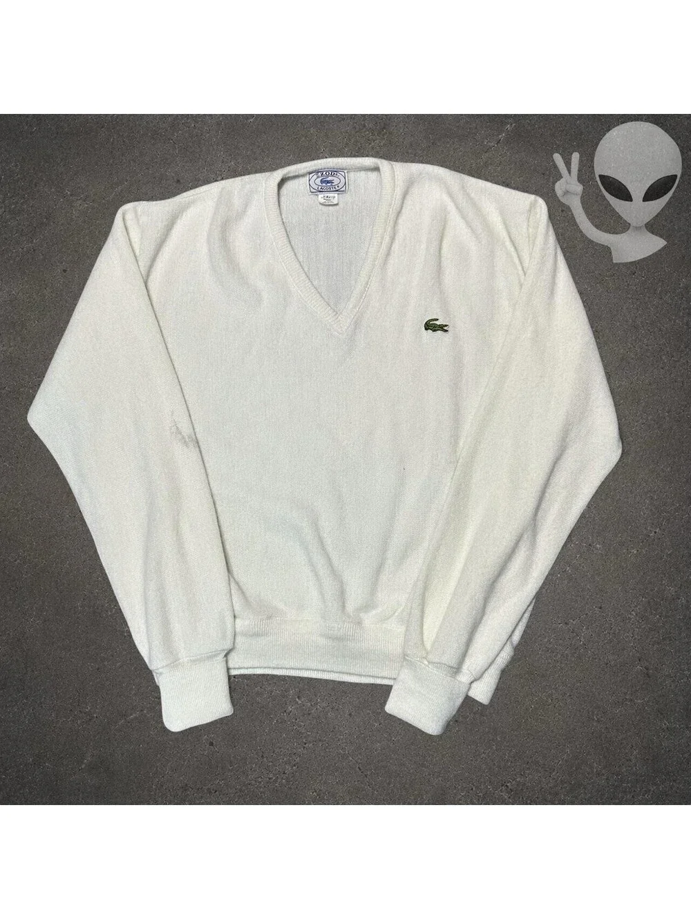 Vintage Izod Lacoste Sweater Mens US L White Acrylic V-Neck Preppy